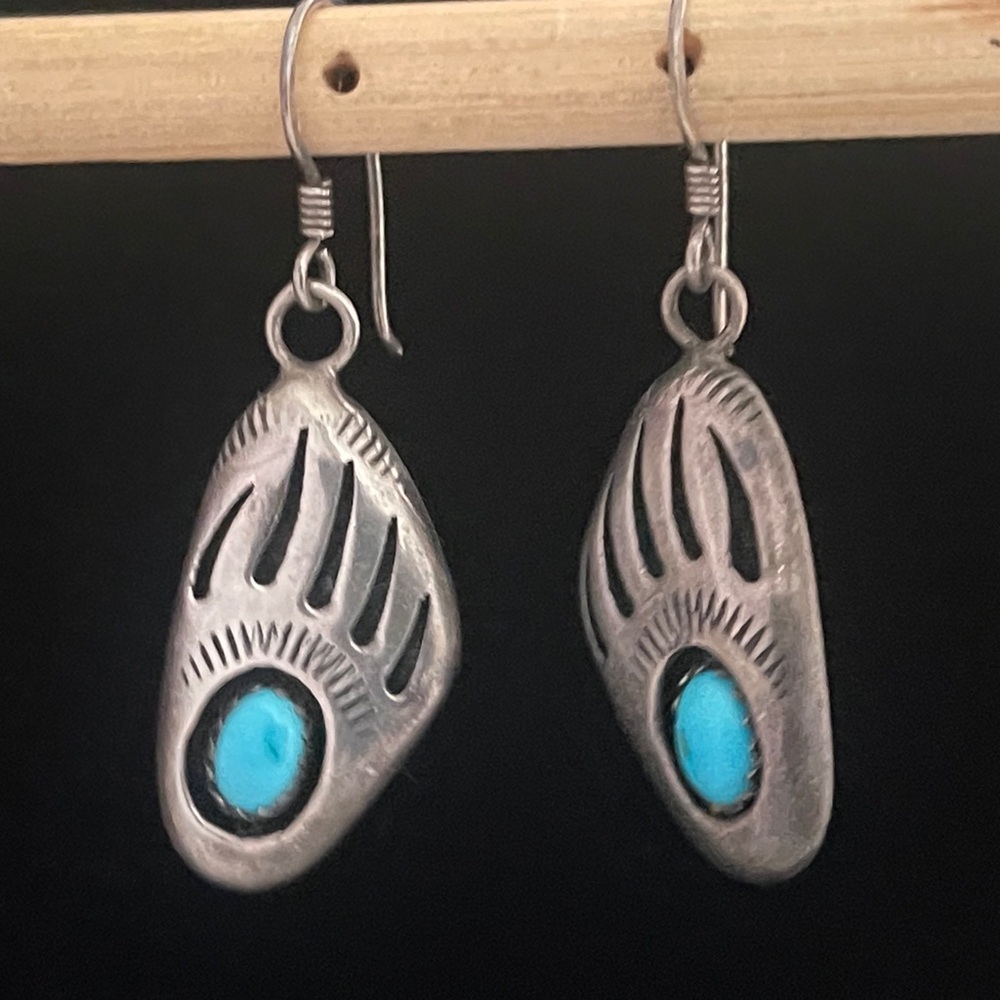 Vintage Sterling Bear Paw  and Turquoise Earrings.
